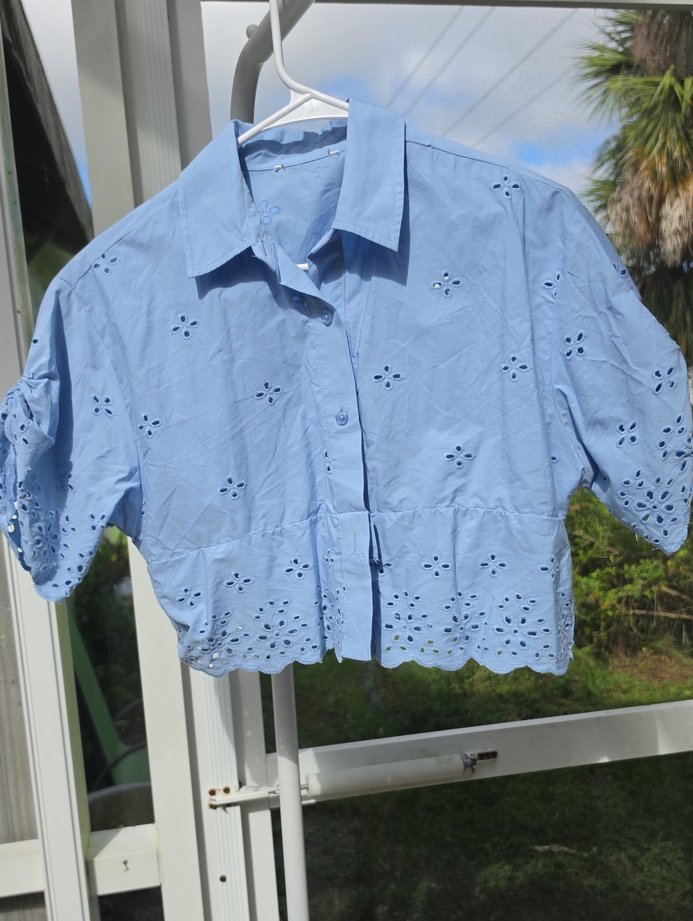 EYELET LACE and Ruched Short Sleeve Light Blue Top
